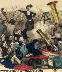 A Concert of Hector Berlioz in 1846. Caricature of Berlioz conducting an orchestra including cannons... Berlioz loved the viola and composed Harold in Italy for it, at Paganini's request