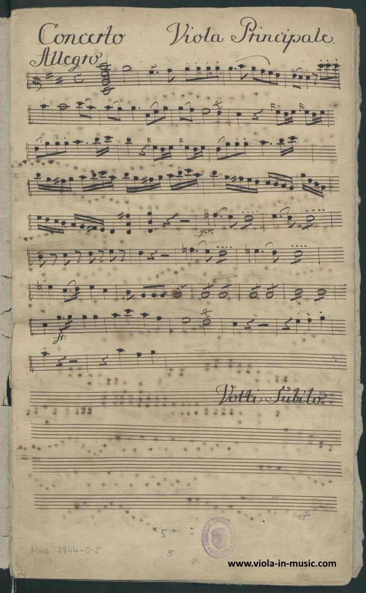 Manuscript of the first page of the Viola concerto in D major by Franz Anton Hoffmeister. He was also a publisher and friend of Mozart and Beethoven