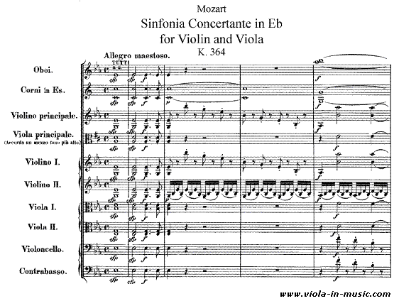 Mozart Sinfonia Concertante, score. The principal viola part is written in a different key because the viola uses a scordatura. The orchestra violas play separate parts creating a warmer sound