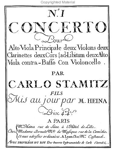 Stamitz viola concerto - Facsimile of frontispiece the first edition